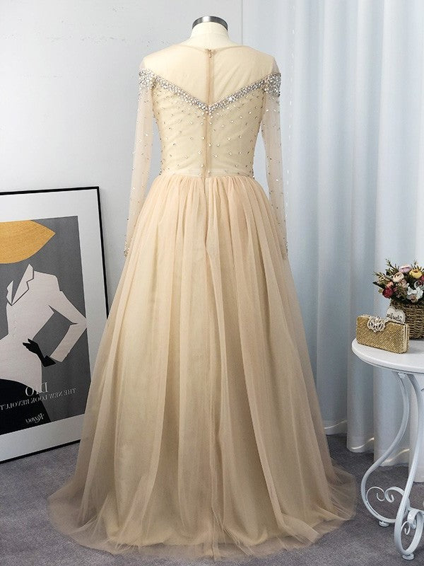 Ball Gown Tulle Long Sleeves Off-the-Shoulder Sequin Floor-Length Plus Size Dresses DEP0004597