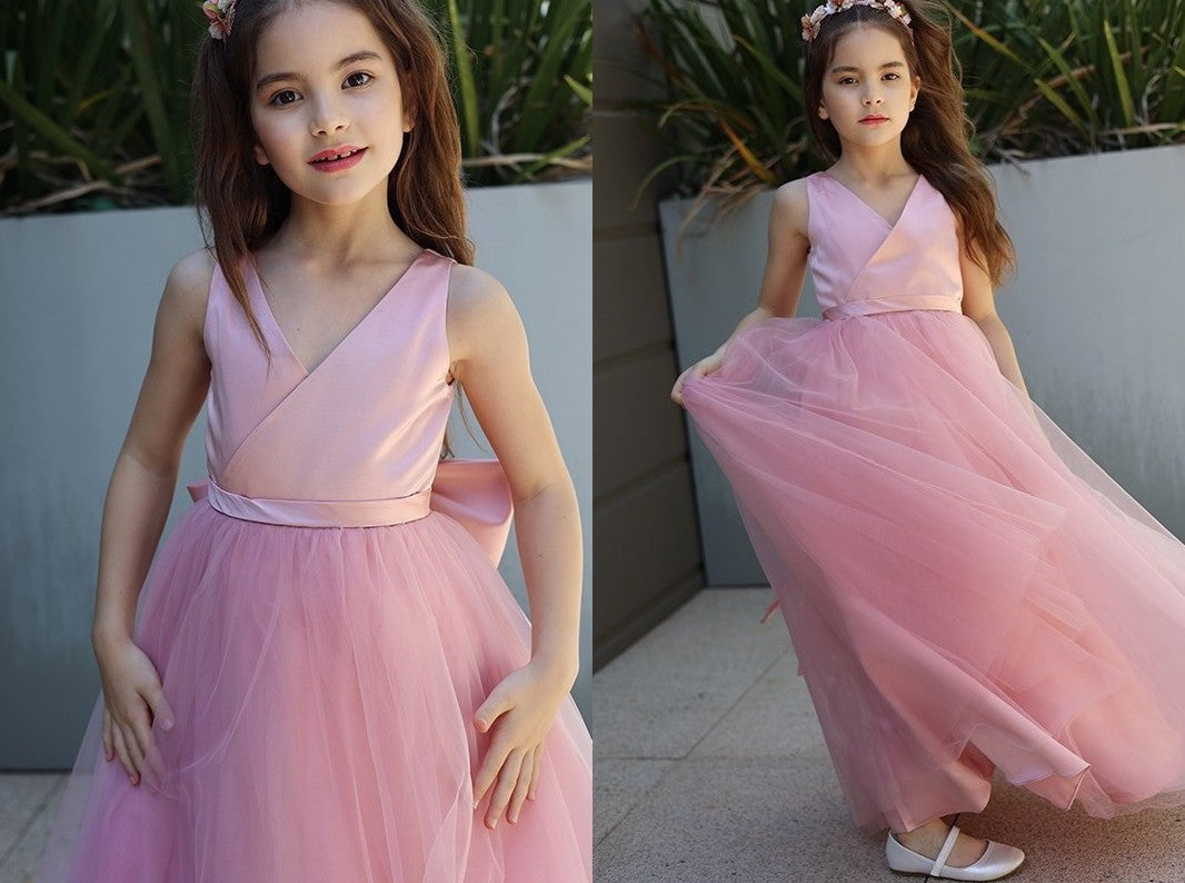 A-Line/Princess Tulle Bowknot V-neck Sleeveless Floor-Length Flower Girl Dresses DEP0007496