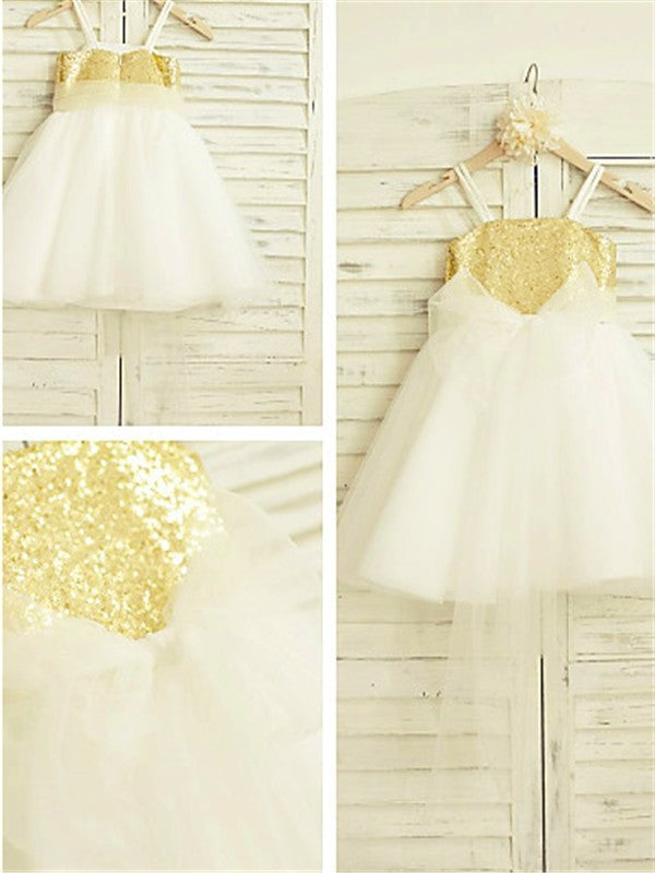 A-line/Princess Spaghetti Straps Sleeveless Sequin Tea-Length Tulle Flower Girl Dresses DEP0007863