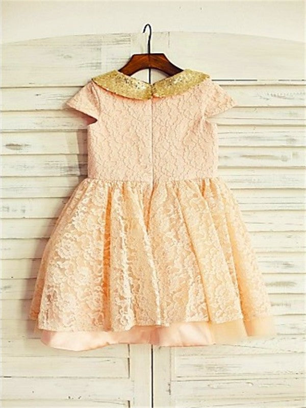 A-line/Princess Short Sleeves Scoop Sequin Tea-Length Lace Flower Girl Dresses DEP0007930