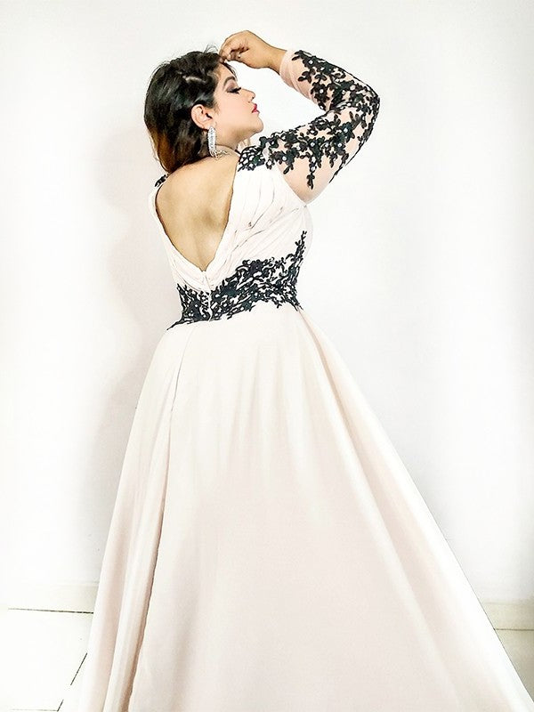 A-Line/Princess V-neck Applique Floor-Length Chiffon Long Sleeves Plus Size Dresses DEP0004519