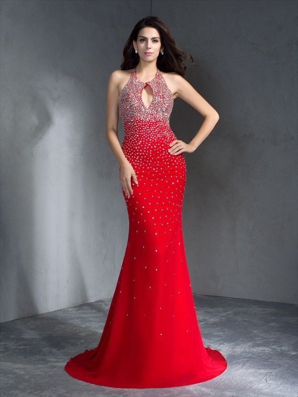 Trumpet/Mermaid Halter Beading Sleeveless Long Chiffon Dresses DEP0002024