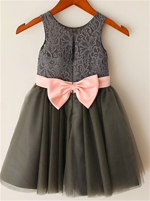 A-line/Princess Scoop Sleeveless Bowknot Tea-Length Tulle Flower Girl Dresses DEP0007890