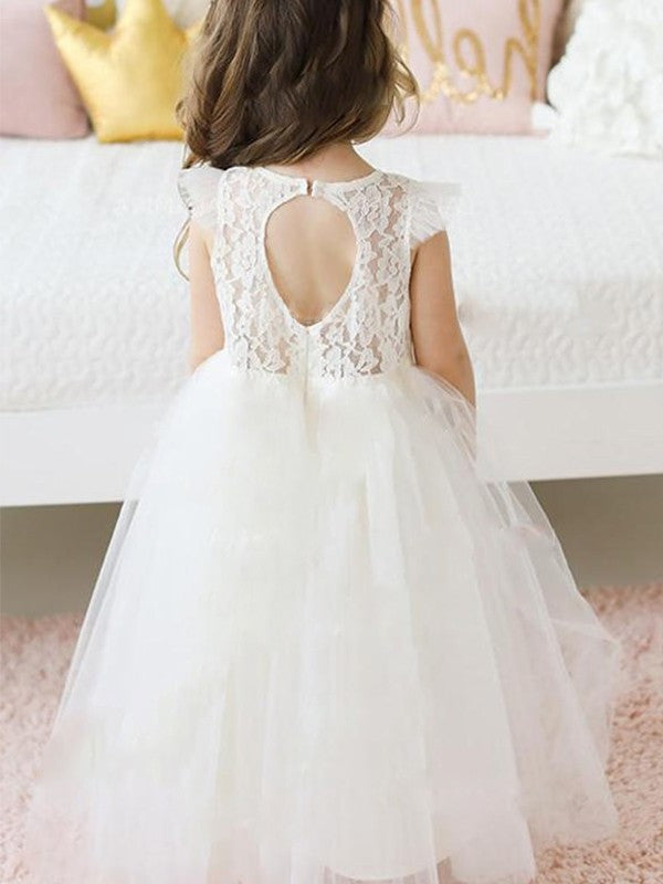 A-Line/Princess Short Sleeves Tulle Lace Scoop Floor-Length Flower Girl Dresses DEP0007911