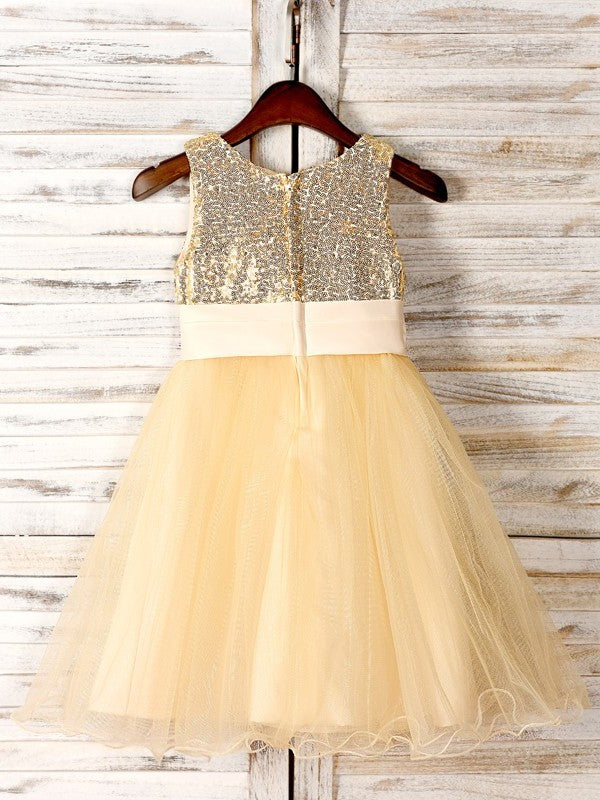 A-Line/Princess Tulle Hand-Made Flower Scoop Sleeveless Tea-Length Flower Girl Dresses DEP0007529