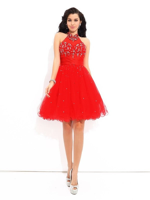 A-Line/Princess High Neck Beading Sleeveless Short Net Cocktail Dresses DEP0008341