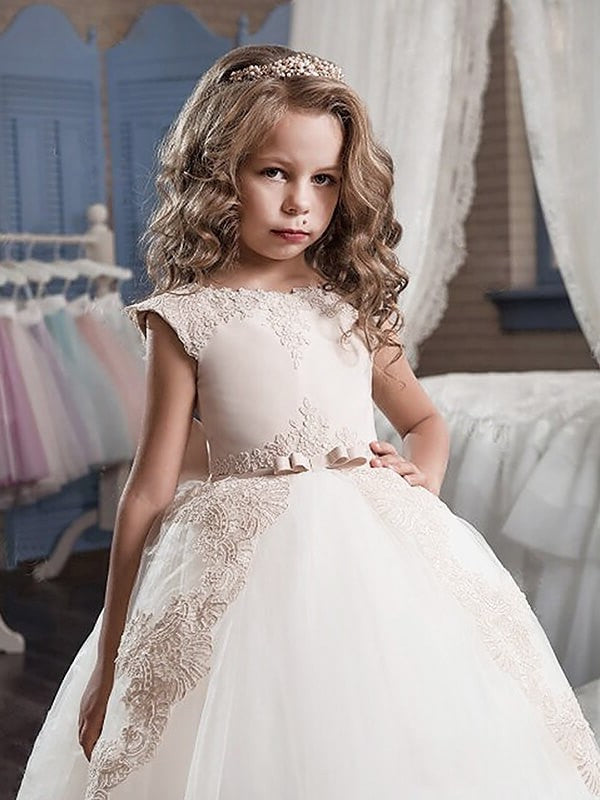 Ball Gown Scoop Tulle Applique Floor-Length Sleeveless Flower Girl Dresses DEP0007534