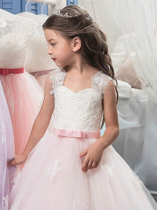 Ball Gown Sweetheart Sleeveless Bowknot Floor-Length Tulle Flower Girl Dresses DEP0007650