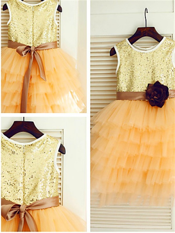 A-line/Princess Scoop Sleeveless Tea-Length Sequin Tulle Flower Girl Dresses DEP0007892