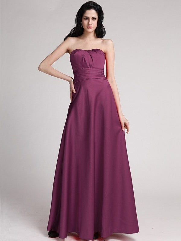 A-Line/Princess Strapless Sleeveless Pleats Long Elastic Woven Satin Bridesmaid Dresses DEP0005835