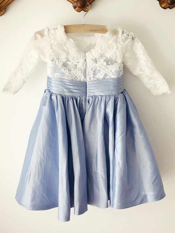 A-Line/Princess Taffeta Lace Scoop 3/4 Sleeves Knee-Length Flower Girl Dresses DEP0007796