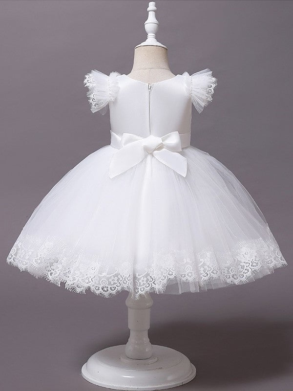 Ball Gown Tulle Applique Scoop Short Sleeves Tea-Length Flower Girl Dresses DEP0007512