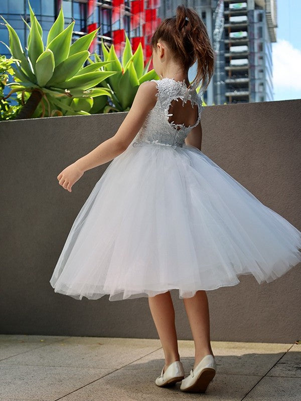 A-Line/Princess Tulle Lace High Neck Sleeveless Knee-Length Flower Girl Dresses DEP0007488