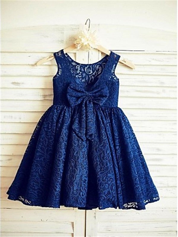 A-line/Princess Scoop Sleeveless Bowknot Tea-Length Lace Flower Girl Dresses DEP0007735