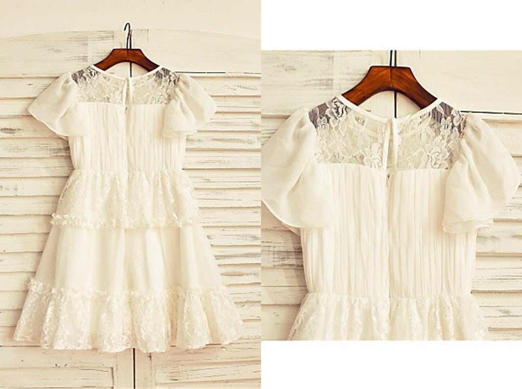 A-line/Princess Scoop Short Sleeves Lace Tea-Length Chiffon Flower Girl Dresses DEP0007820