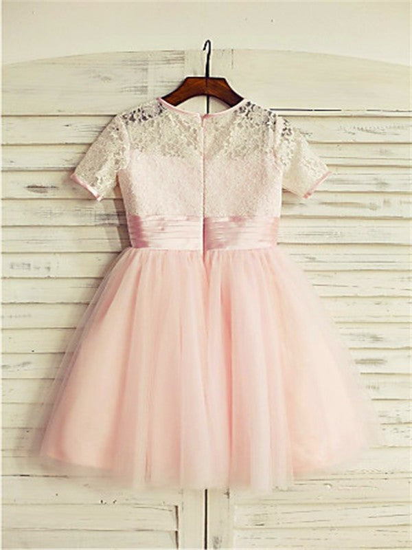 A-line/Princess Jewel Short Sleeves Lace Tea-Length Tulle Flower Girl Dresses DEP0007793