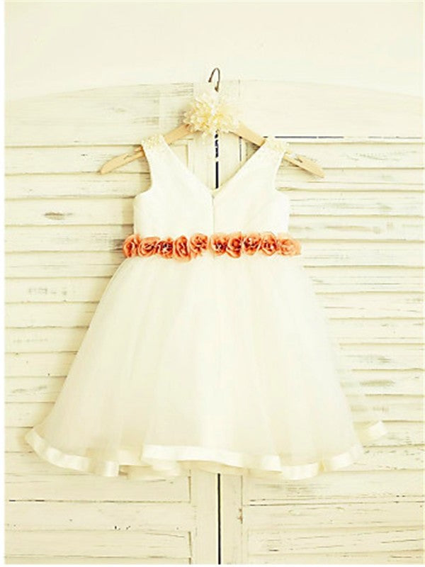 A-line/Princess V-neck Sleeveless Hand-made Flower Tea-Length Tulle Flower Girl Dresses DEP0007821