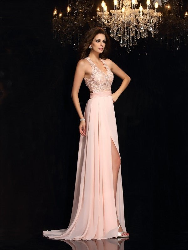 A-Line/Princess Halter Lace Sleeveless Long Chiffon Dresses DEP0001882