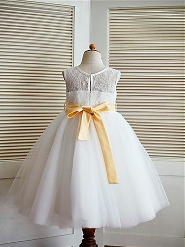 A-line/Princess Tea-Length Scoop Lace Sleeveless Tulle Flower Girl Dresses DEP0007665