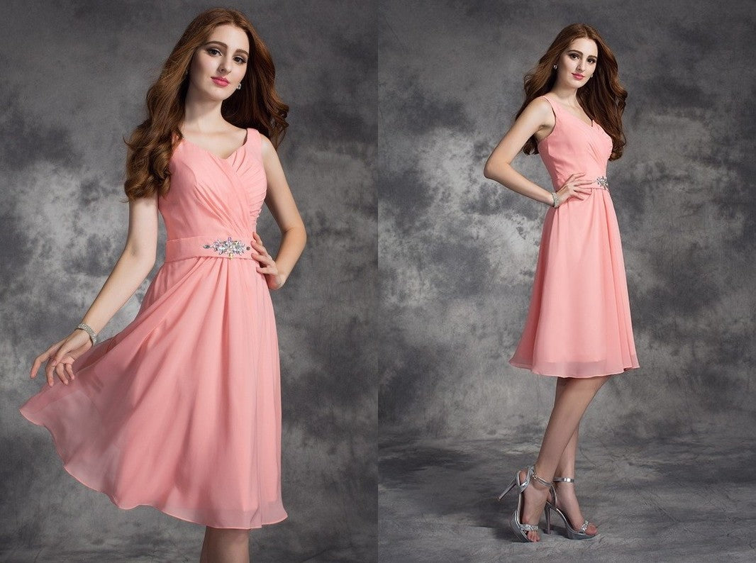 A-line/Princess Straps Rhinestone Sleeveless Short Chiffon Bridesmaid Dresses DEP0009301