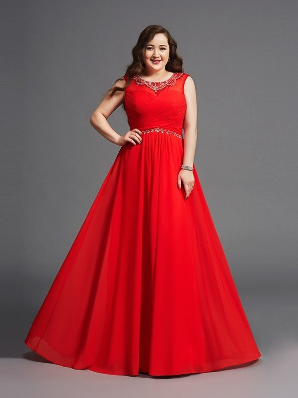 A-Line/Princess Scoop Beading Sleeveless Long Chiffon Plus Size Dresses DEP0003655