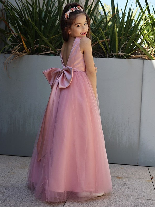 A-Line/Princess Tulle Bowknot V-neck Sleeveless Floor-Length Flower Girl Dresses DEP0007496