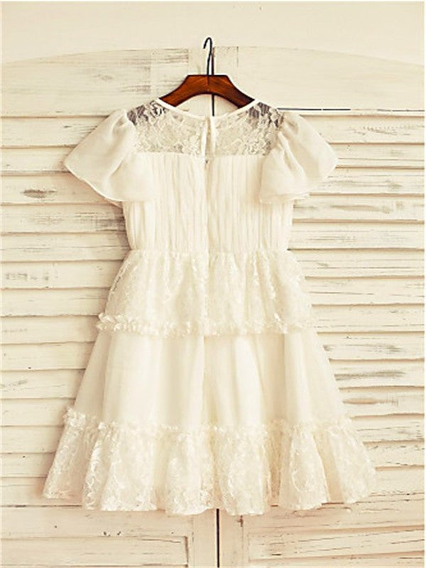 A-line/Princess Scoop Short Sleeves Lace Tea-Length Chiffon Flower Girl Dresses DEP0007820