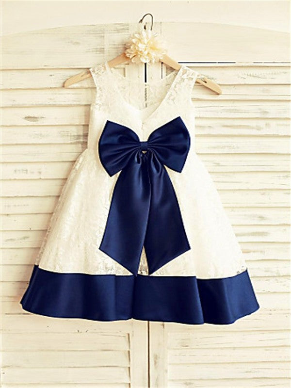 A-line/Princess Sleeveless Scoop Bowknot Tea-Length Lace Flower Girl Dresses DEP0007719