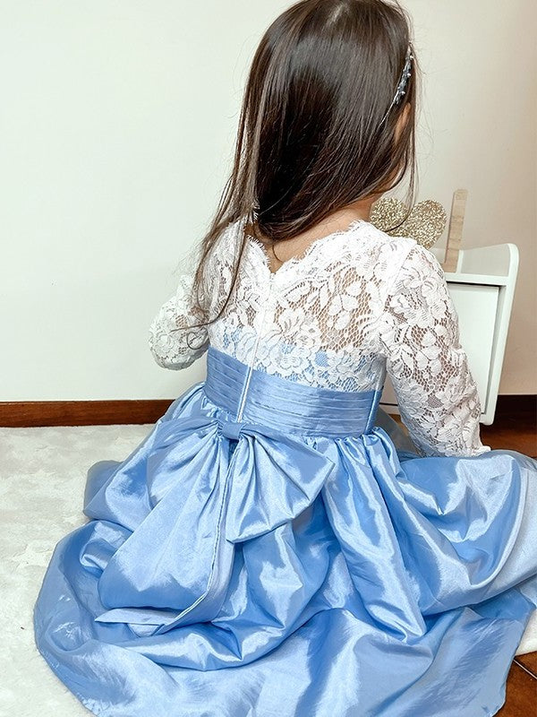 A-Line/Princess Taffeta Lace Scoop 3/4 Sleeves Knee-Length Flower Girl Dresses DEP0009283