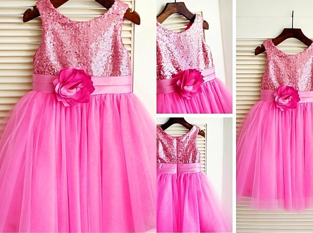 A-line/Princess Scoop Sleeveless Sequin Tea-Length Tulle Flower Girl Dresses DEP0007722