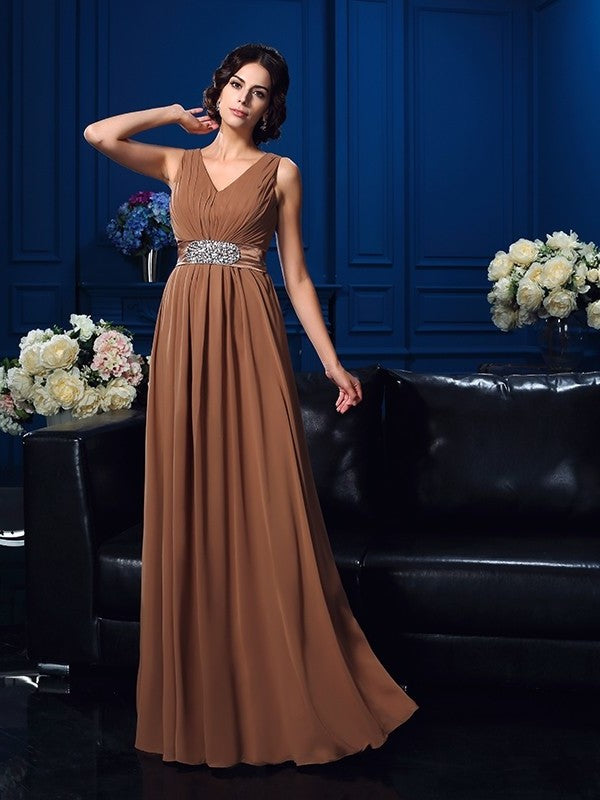 A-Line/Princess V-neck Pleats Sleeveless Long Chiffon Mother of the Bride Dresses DEP0007310