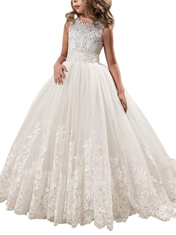 Ball Gown Jewel Sleeveless Lace Sweep/Brush Train Tulle Flower Girl Dresses DEP0007567