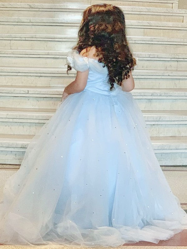 Ball Gown Tulle Rhinestone Off-the-Shoulder Sleeveless Floor-Length Flower Girl Dresses DEP0007466