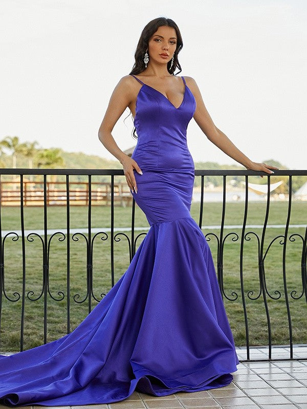 Trumpet/Mermaid Satin Ruffles V-neck Sleeveless Sweep/Brush Train Dresses DEP0001576