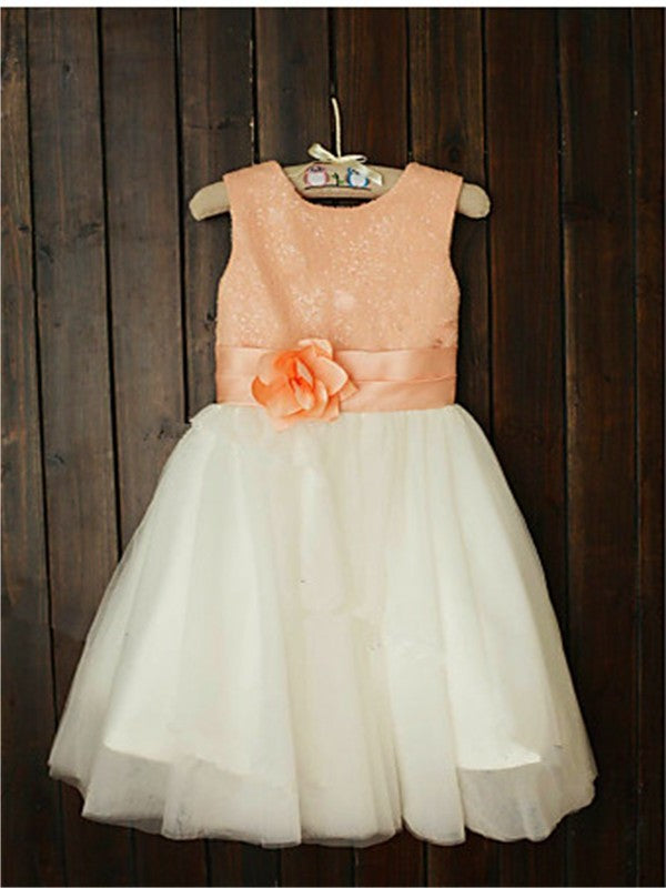 A-line/Princess Scoop Sleeveless Sequin Tea-Length Tulle Flower Girl Dresses DEP0007722