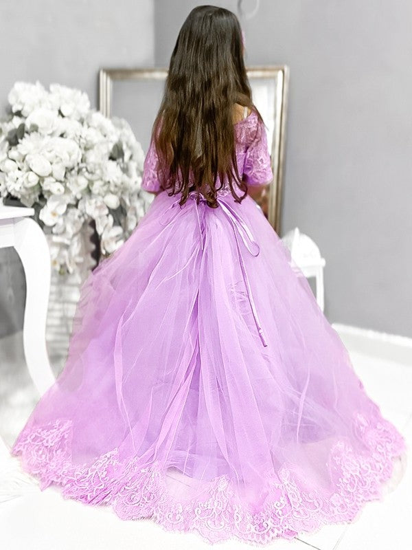 Ball Gown Tulle Lace Off-the-Shoulder 1/2 Sleeves Sweep/Brush Train Flower Girl Dresses DEP0007476