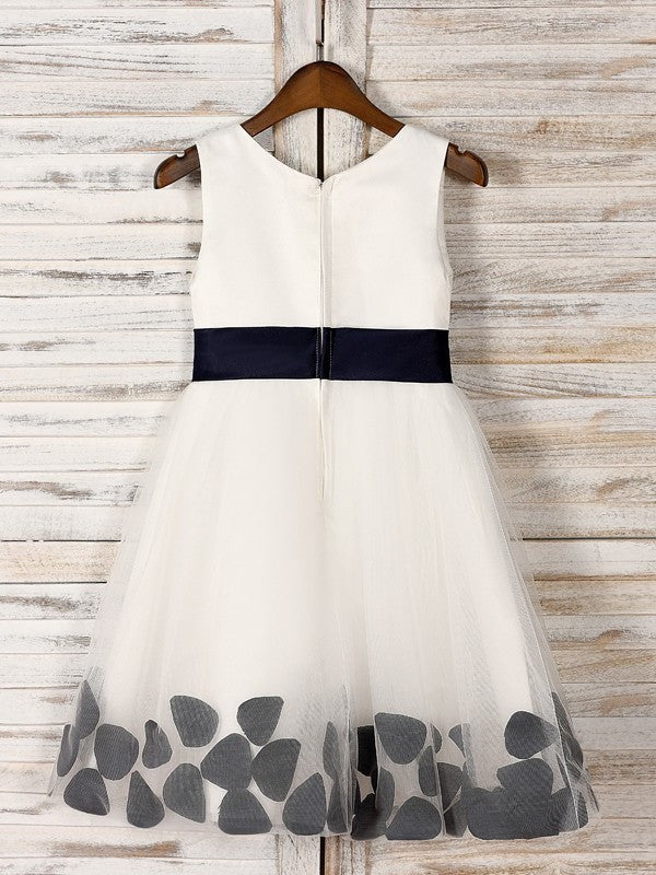 A-Line/Princess Tulle Hand-Made Flower Scoop Sleeveless Tea-Length Flower Girl Dresses DEP0007528