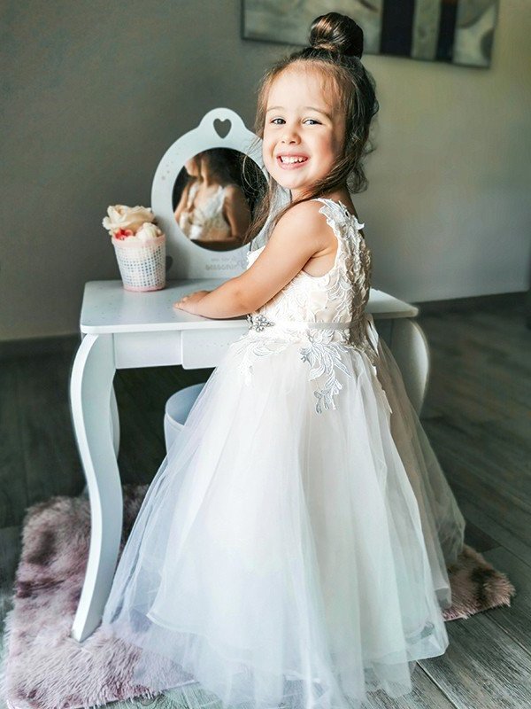 A-Line/Princess Tulle Lace V-neck Sleeveless Ankle-Length Flower Girl Dresses DEP0007460