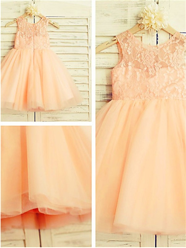 A-line/Princess Scoop Sleeveless Lace Tea-Length Tulle Flower Girl Dresses DEP0007768