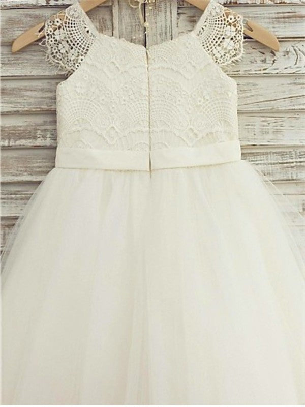 A-line/Princess Scoop Sleeveless Lace Knee-Length Tulle Flower Girl Dresses DEP0007585