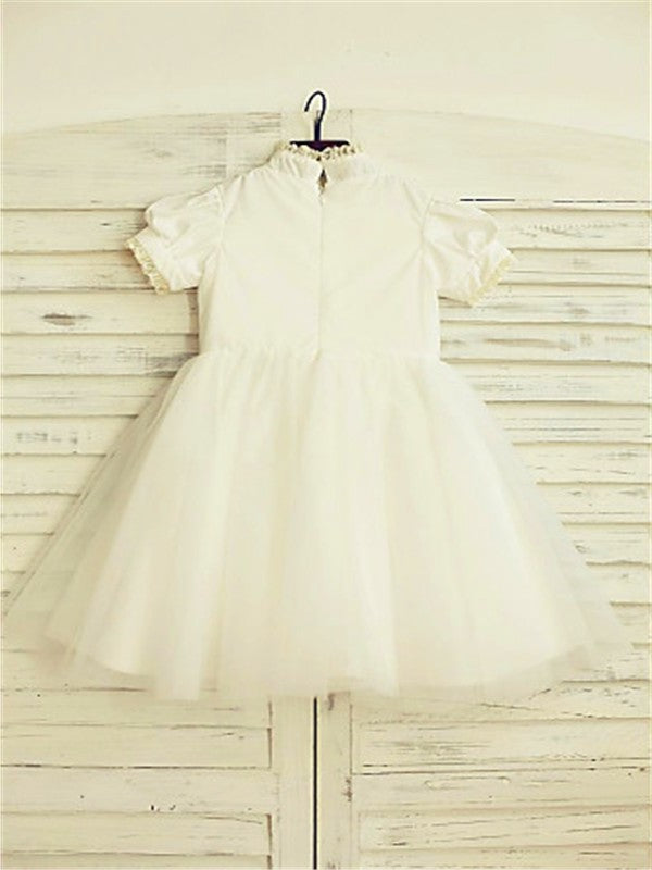 A-line/Princess High Neck Short Sleeves Lace Tea-Length Tulle Flower Girl Dresses DEP0007902