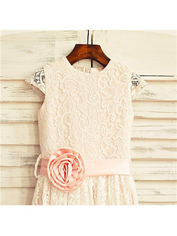 A-line/Princess Scoop Hand-made Flower Short Sleeves Tea-Length Lace Flower Girl Dresses DEP0007819