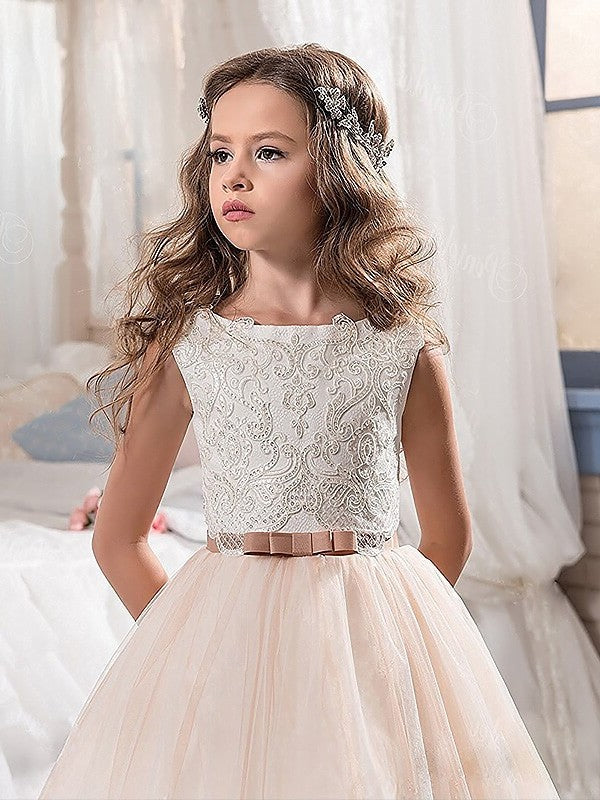 Ball Gown Jewel Sleeveless Lace Sweep/Brush Train Tulle Flower Girl Dresses DEP0007536