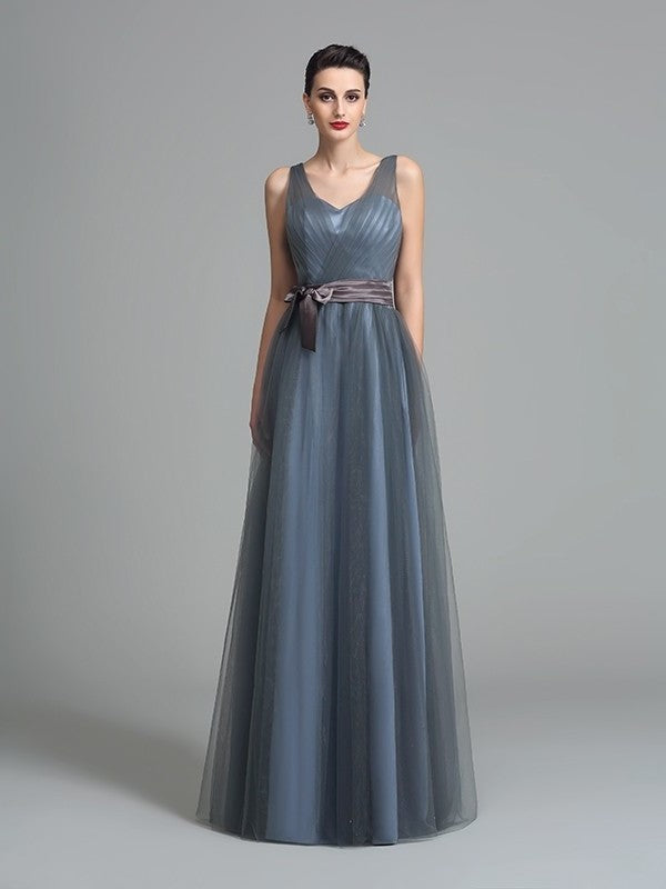 A-Line/Princess Straps Sash/Ribbon/Belt Sleeveless Long Net Bridesmaid Dresses DEP0005595