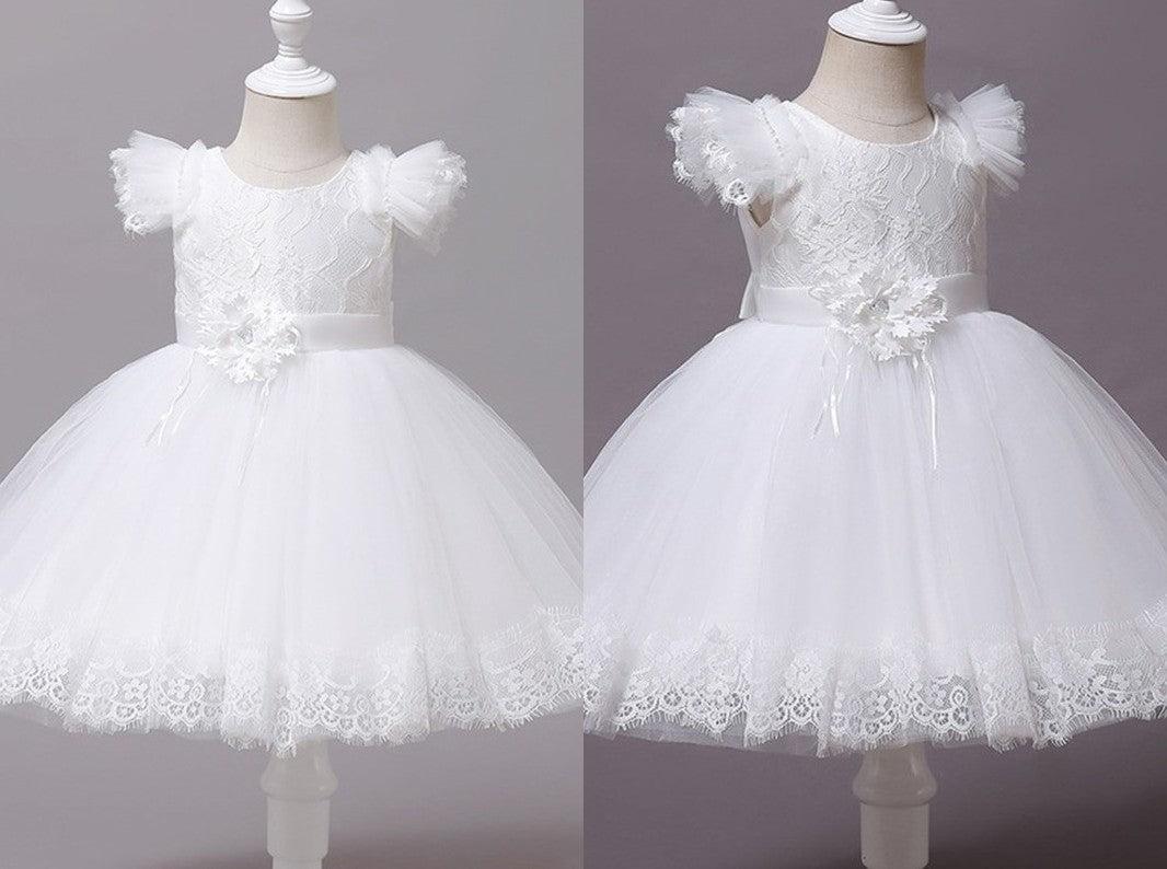 Ball Gown Tulle Applique Scoop Short Sleeves Tea-Length Flower Girl Dresses DEP0007512