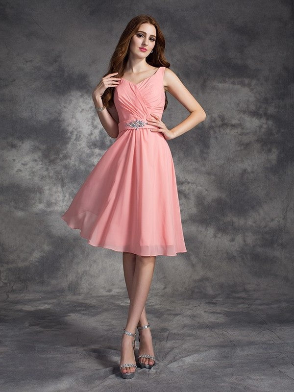 A-line/Princess Straps Rhinestone Sleeveless Short Chiffon Bridesmaid Dresses DEP0009301