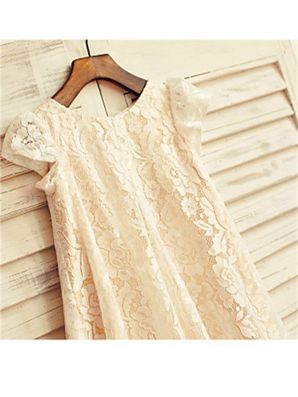 A-line/Princess Scoop Short Sleeves Tea-Length Lace Flower Girl Dresses DEP0007725