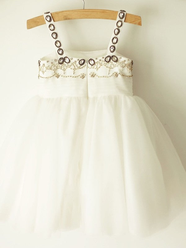 A-Line/Princess Tulle Beading Sleeveless Straps Knee-Length Flower Girl Dresses DEP0007916