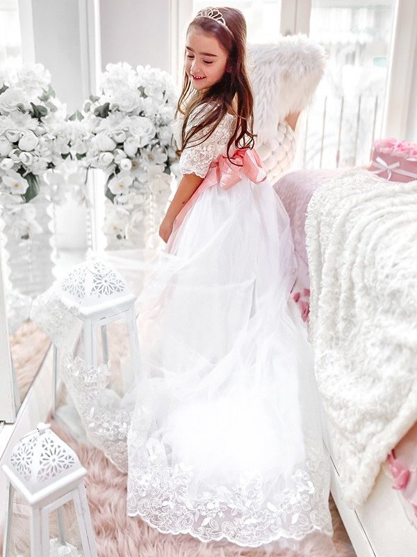 A-Line/Princess Tulle Sash/Ribbon/Belt Off-the-Shoulder 1/2 Sleeves Sweep/Brush Train Flower Girl Dresses DEP0007481