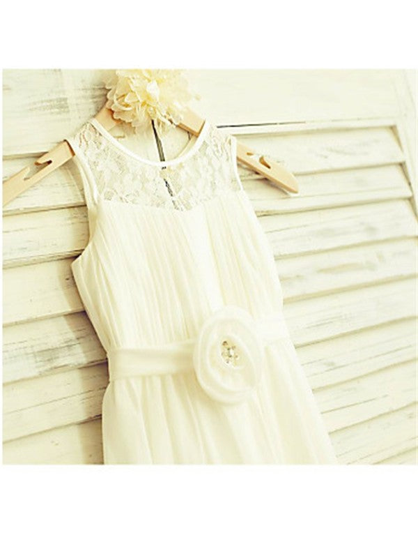 A-line/Princess Scoop Sleeveless Hand-made Flower Tea-Length Chiffon Flower Girl Dresses DEP0007795